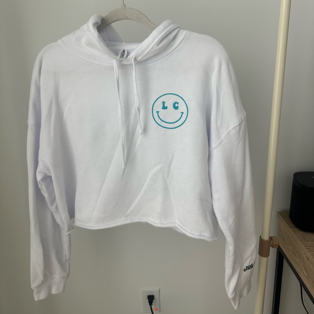 Luke Combs Merch Smiley White Cropped Hoodie with Blue Smiley
